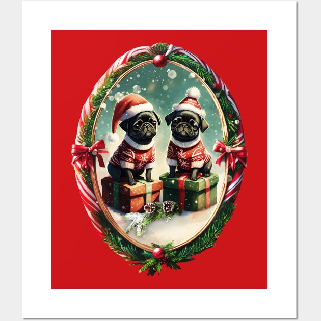 Two cute black pug puppies wearing festive Christmas sweaters and hats, sitting on gifts, in a picture frame made of red and white candy cane Wall Art by WitchDesign